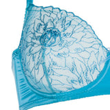 Escora Oceance sheer balconette bra in bright turquoise with flowing floral embroidery and delicate Boselli satin.