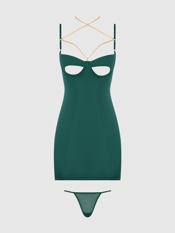 House of Desire Evangeline Satin & Chain Open Cup & Back Chemise Set