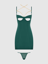 House of Desire Queen Evangeline Satin & Chain Open Cup & Back Chemise Set Emerald