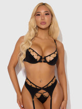 House of Desire Queen Evangeline Satin & Chain Push Up Bra Set Black