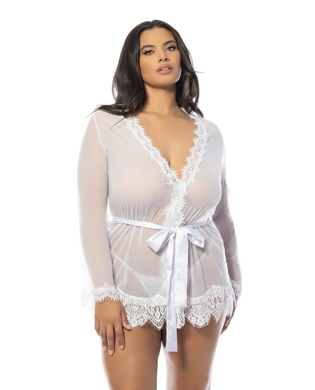 Oh la la Cheri Queen Eyelash Lace Sheer Mesh Provence Short Robe White-Rebel Romance