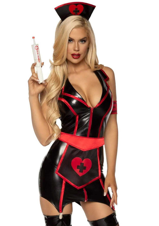 Leg Avenue Goth Nurse Costume Gartered Wet Look Shiny Black/Red