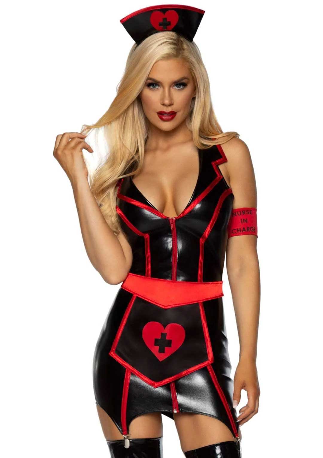 Leg Avenue Goth Nurse Costume Gartered Wet Look Shiny Black/Red