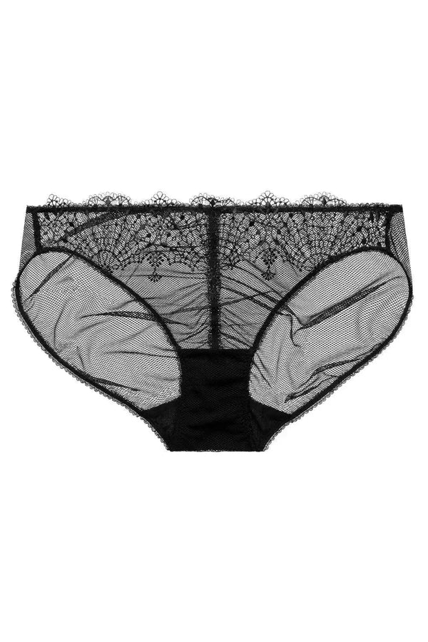 Fantastique Sheer Bikini Briefs: black tulle with fan embroidery, fishnet mesh, and velvet bow trims.
