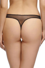 Fantastique Sheer G-String Panty in black fishnet mesh with minimal coverage and velvet bow trims.