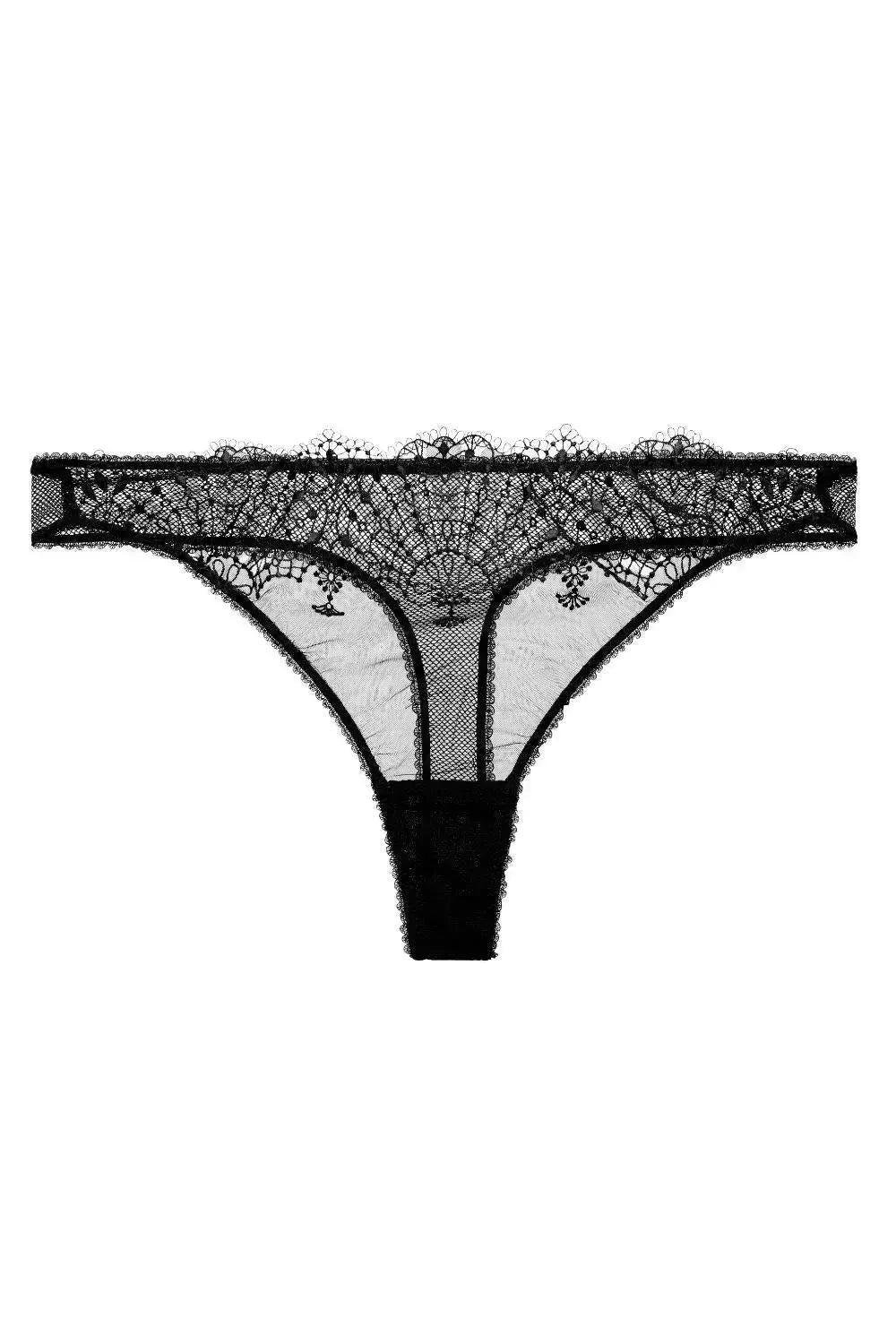 Fantastique Sheer G-String Panty in black, featuring delicate fan embroidery on tulle and soft fishnet mesh.