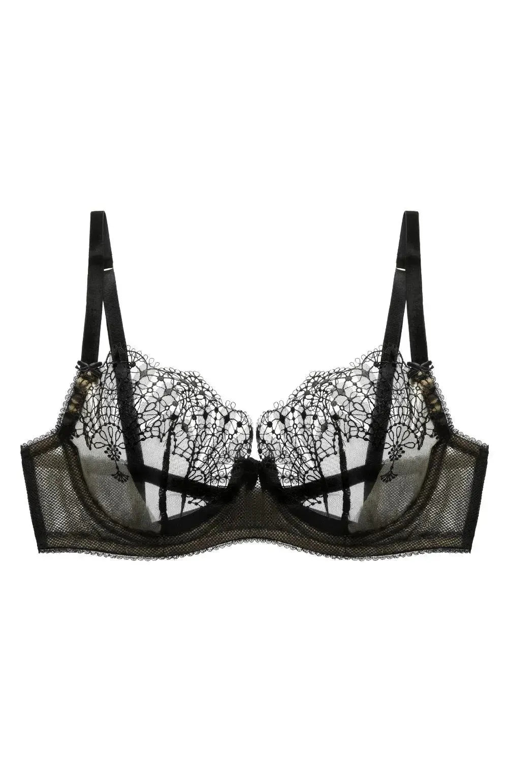 Fantastique sheer mesh unlined bra with delicate black fan embroidery, velvet straps, and fishnet mesh.
