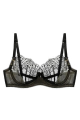 Fantastique sheer mesh unlined bra with delicate black fan embroidery, velvet straps, and fishnet mesh.