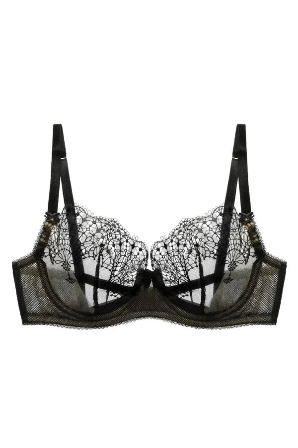 Fantastique sheer mesh unlined bra with delicate black fan embroidery, velvet straps, and fishnet mesh.