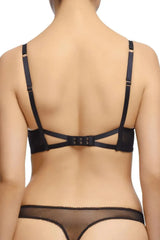 Fantastique black sheer mesh unlined bra with signature gate back, velvet straps, and fishnet thong.