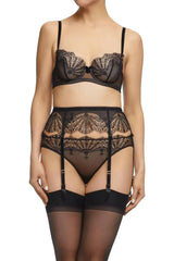 Dita Von Teese Fantastique black sheer mesh unlined bra, high-waisted garter, and stockings with fan embroidery.