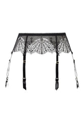 Fantastique sheer black suspender belt with intricate fan embroidery, velvet garters, and metal findings.