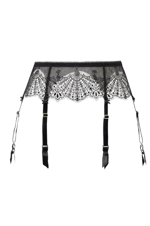 Fantastique sheer black suspender belt with intricate fan embroidery, velvet garters, and metal findings.