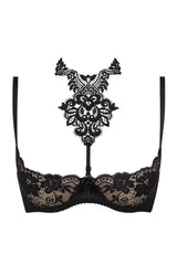 Black lace shelf bra with open cups and a removable ornate lace neckline insert.