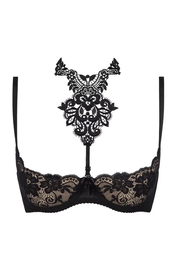 Black lace shelf bra with open cups and a removable ornate lace neckline insert.