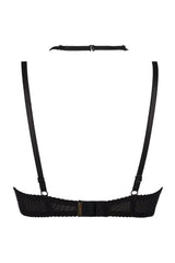 Black lace shelf bra with open cups, underwire, and adjustable straps for a captivating silhouette.