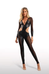 Fantasy Edge Wetlook and Mesh Catsuit Black
