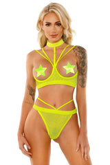 Fantasy Lingerie Glow Black Light Harness Open Shelf Bra Set Neon Lemon