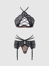 House of Desire Queen Felicia Leopard Mesh & Lace Bra, Garter & G-String Set