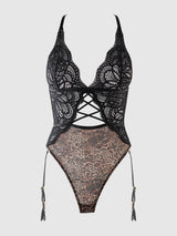 House of Desire Queen Felicia Leopard Mesh & Lace Gartered Teddy
