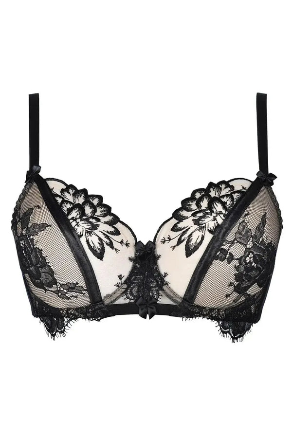 Axami Fiona Sheer Unlined Bra: black lace, glossy thongs, and floral embroidery for wonderful sensuality.