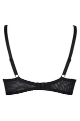 Black sheer unlined bra with delicate lace, glossy thongs, underwire, and adjustable straps.