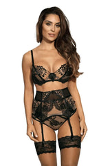Elegant black sheer unlined bra with intricate lace, glossy thongs, and matching high-waisted garter belt.