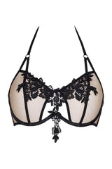 Axami Flamenco sheer mesh unlined bra with beige tulle, black embroidery, and halter-style ties.