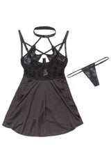 Coquette Flocked Mesh and Microfiber Babydoll Black