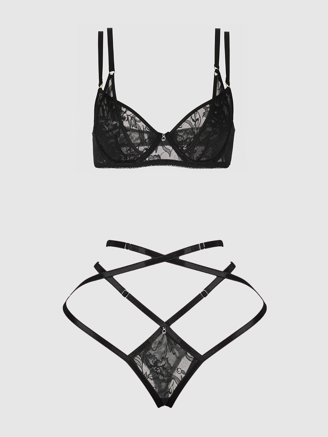 Flora Lace Bra and Strappy Thong Set Black