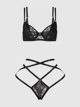 Flora Lace Bra and Strappy Thong Set Black