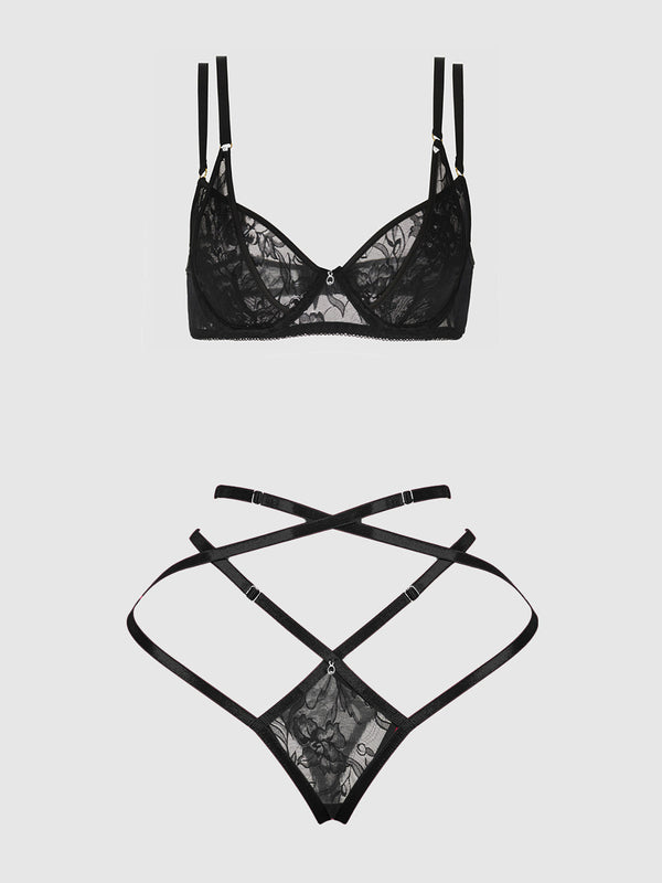House of Desire Flora Lace Bra and Strappy Thong Set Black