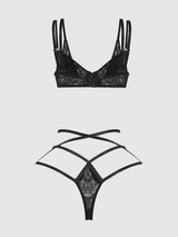 Flora Lace Bra and Strappy Thong Set Black