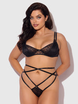 House of Desire Queen Flora Lace Bra and Strappy Thong Set Black