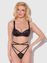 Flora Lace Bra and Strappy Thong Set Black