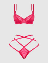 House of Desire Flora Lace Bra and Strappy Thong Set Pink Dragon