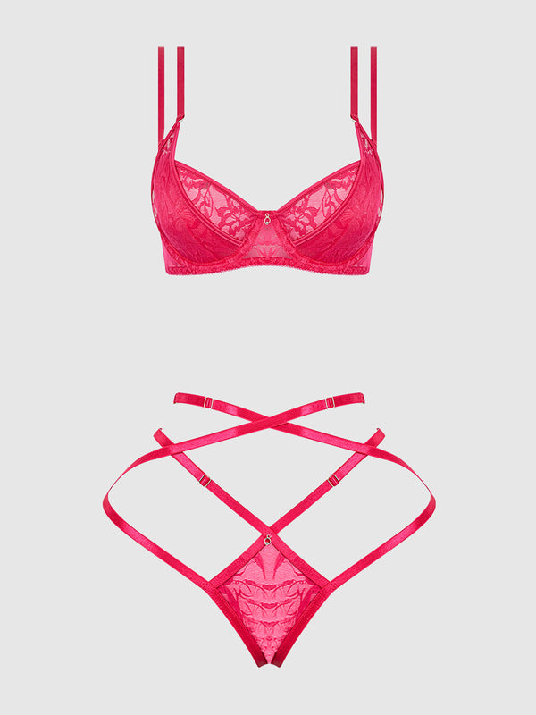 House of Desire Flora Lace Bra and Strappy Thong Set Pink Dragon