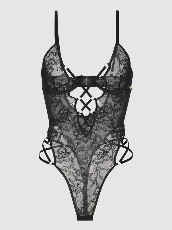 House of Desire Flora Strappy Lace Teddy Black