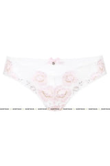 White tulle Fresia briefs with soft, floral lace and a delicate ribbon bow with gold ornament.