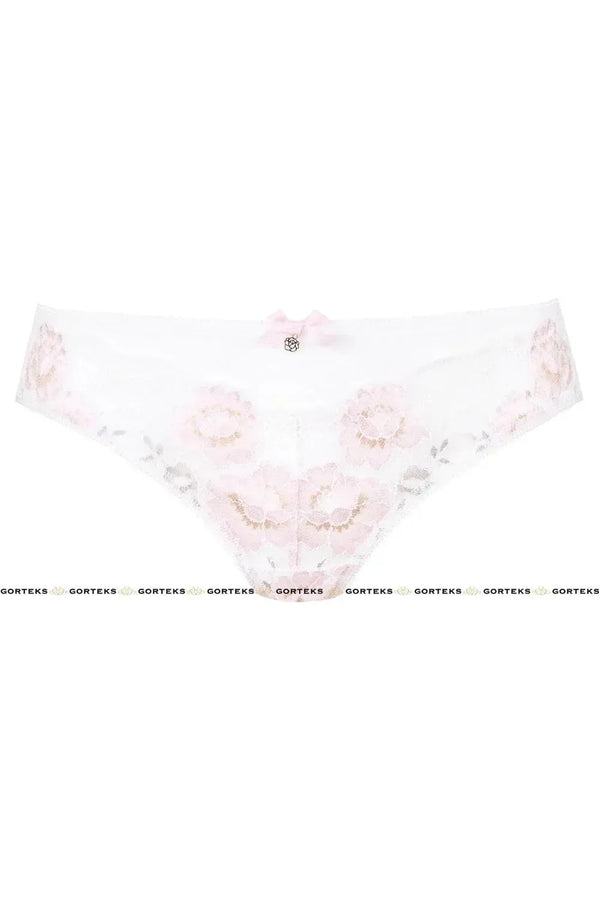 White tulle Fresia briefs with soft, floral lace and a delicate ribbon bow with gold ornament.