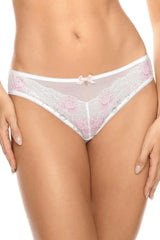 White tulle and floral lace Fresia briefs with a delicate ribbon bow and gold ornament.