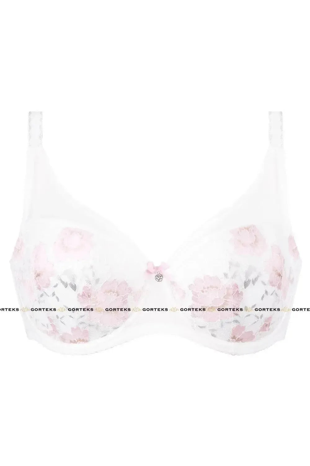 White Fresia push-up bra with delicate pink floral lace, ribbon bow, and gold ornament.