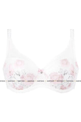 White Fresia push-up bra with delicate pink floral lace, ribbon bow, and gold ornament.