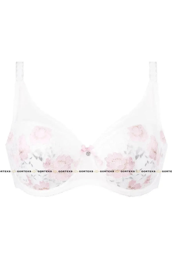 White Fresia push-up bra with delicate pink floral lace, ribbon bow, and gold ornament.