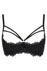 Axami Ginger Cookie black open cup shelf bra with silver metallic lace and decorative bust straps.