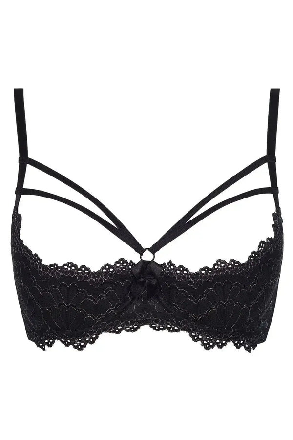Axami Ginger Cookie black open cup shelf bra with silver metallic lace and decorative bust straps.