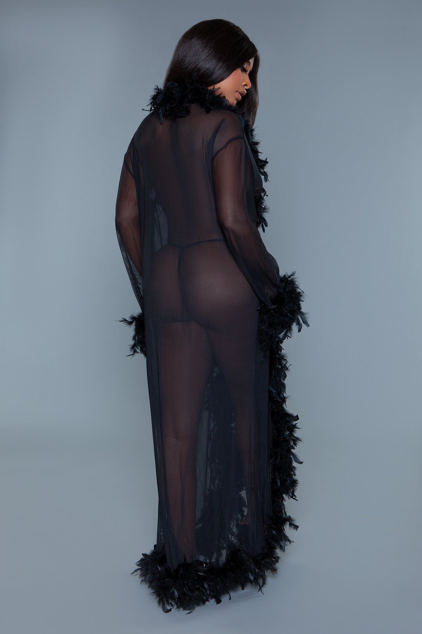 BeWicked Glamour Sheer Long Robe Boa Feather Trim Black Burlesque Pinup