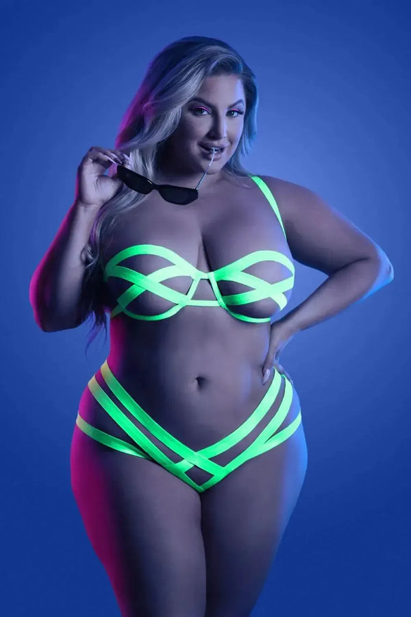 Fantasy Queen Glow Black Light Mirage Bandage Bra & Panty Neon Lemon