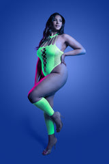 Fantasy Lingerie Glow Black Light Pressure Point Rhinestone Teddy & Gloves