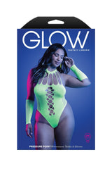 Fantasy Lingerie Queen Glow Black Light Pressure Point Rhinestone Teddy & Gloves
